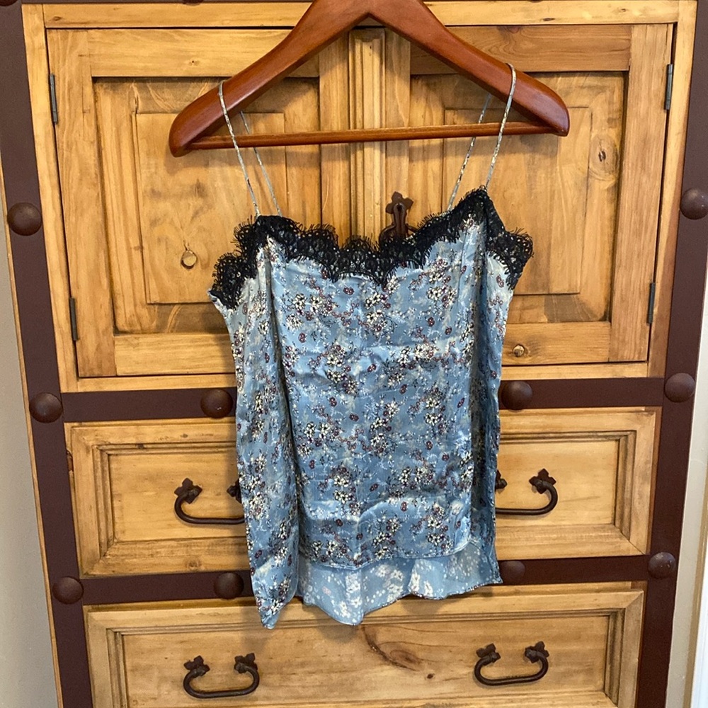 Zara Light Blue Floral Satin Camisole with Black Lace Trim